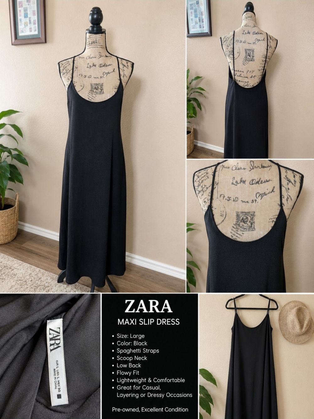 Zara Black Maxi Slip Dress with Scoop Neck
